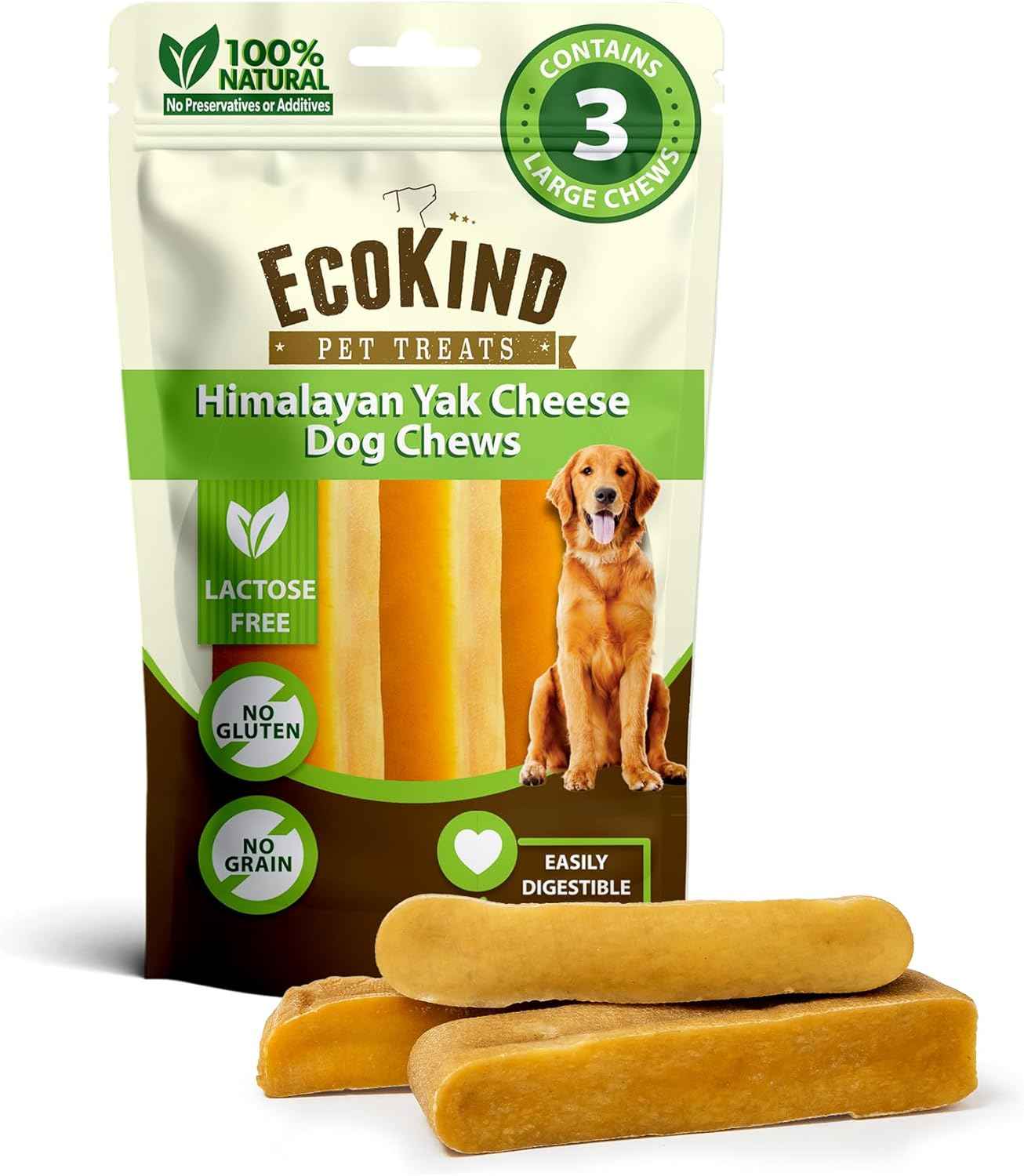EcoKind Premium Gold Yak Cheese Himalayan Dog Chews, Dog Treats Large Breed, All Natural, High Protein, for Aggressive Chewers, Large - 4 Chews (1 lb)