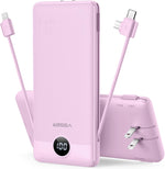 VEGER Portable Charger Power Bank with Built-in AC Plug and Cables, All in One 10000mAh Ultra Slim Travel Essentials, Fast Charging Battery Pack Compatible with iPhone, Samsung, Android, Purple