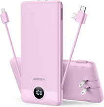 VEGER Portable Charger Power Bank with Built-in AC Plug and Cables, All in One 10000mAh Ultra Slim Travel Essentials, Fast Charging Battery Pack Compatible with iPhone, Samsung, Android, Purple
