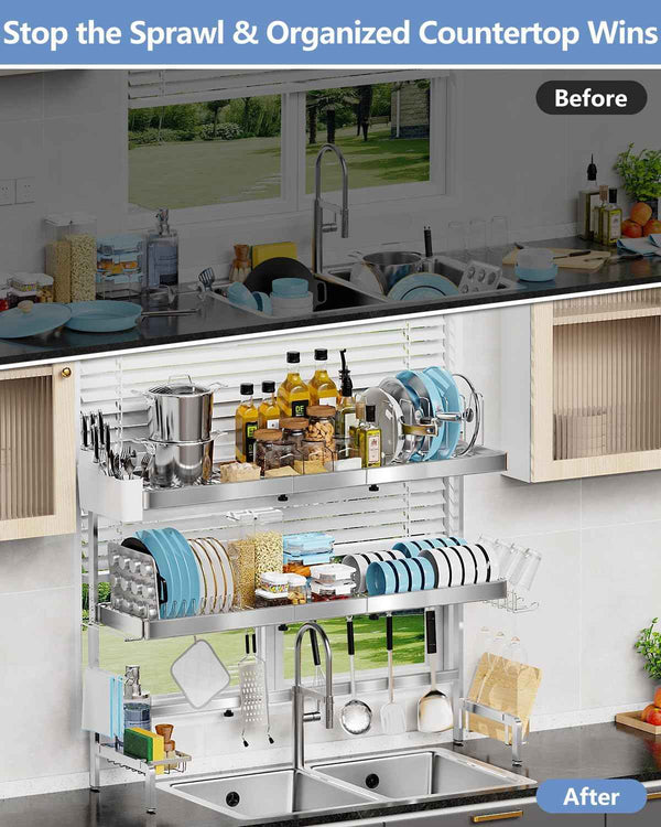 3 Tier Extra Large Over The Sink Dish Drying Rack, Expandable Stainless Steel Dish Drainer with Multifunctional Organizer, Space-Saving Above Sink Dish Rack with Large Capacity for Kitchen Counter