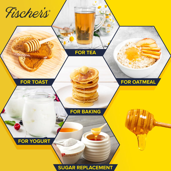 Fischer's 100% Pure Raw Unfiltered Honey - USA Made All-Natural Sweetener with Rich Flavor Profile and 40 oz Squeeze Bottle