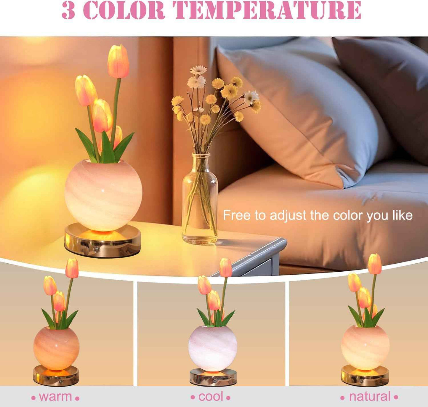 Tulip Flower Lamp, Rechargeable Cordless Touch Table Lamp, 3-Colour Infinitely Dimming Night Light, LED Artificial Tulips Decor, Birthday Gifts for Women Mom (Pink)