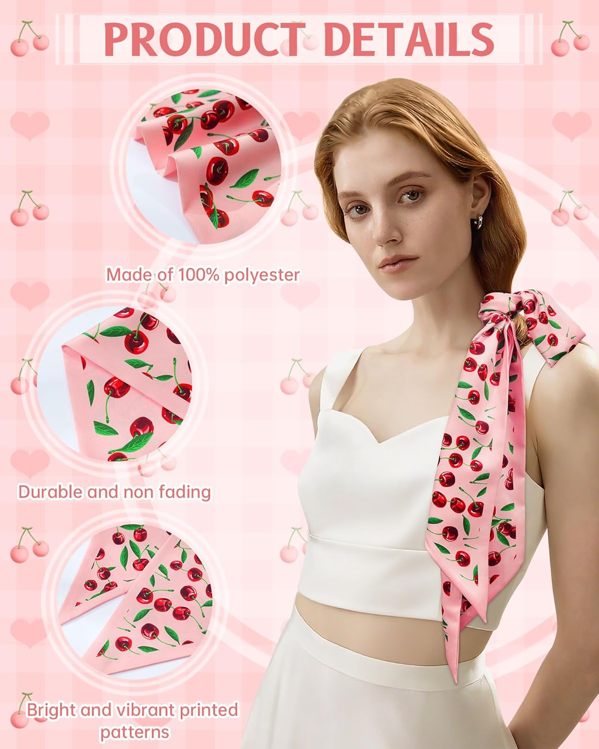 Mesovor Cherry Head Scarf Hair Neck Scarves for Women, Fashion Purse Bag Scarfs | Long Thin Satin Headscarf Headbands