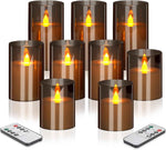Flameless Candles 4" 5" 6" Set of 3 Acrylic Glass Pillars 3" Diameter Battery Operated Flickering Candles Include 10-Key Remote with Timer Function 400+ Hours (Gray, Warm Light 3 Pack)