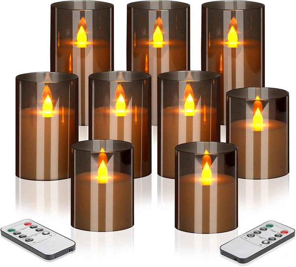 Flameless Candles 4" 5" 6" Set of 3 Acrylic Glass Pillars 3" Diameter Battery Operated Flickering Candles Include 10-Key Remote with Timer Function 400+ Hours (Gray, Warm Light 3 Pack)