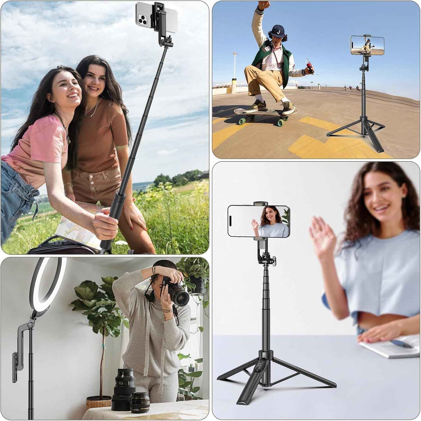 Selfie Stick Travel Tripod for Cell Phone with Remote Control and Phone Holder, Extendable Selfie Stick for iPhone, iPhone Tripod for Video Recording, 50 Inch, Black