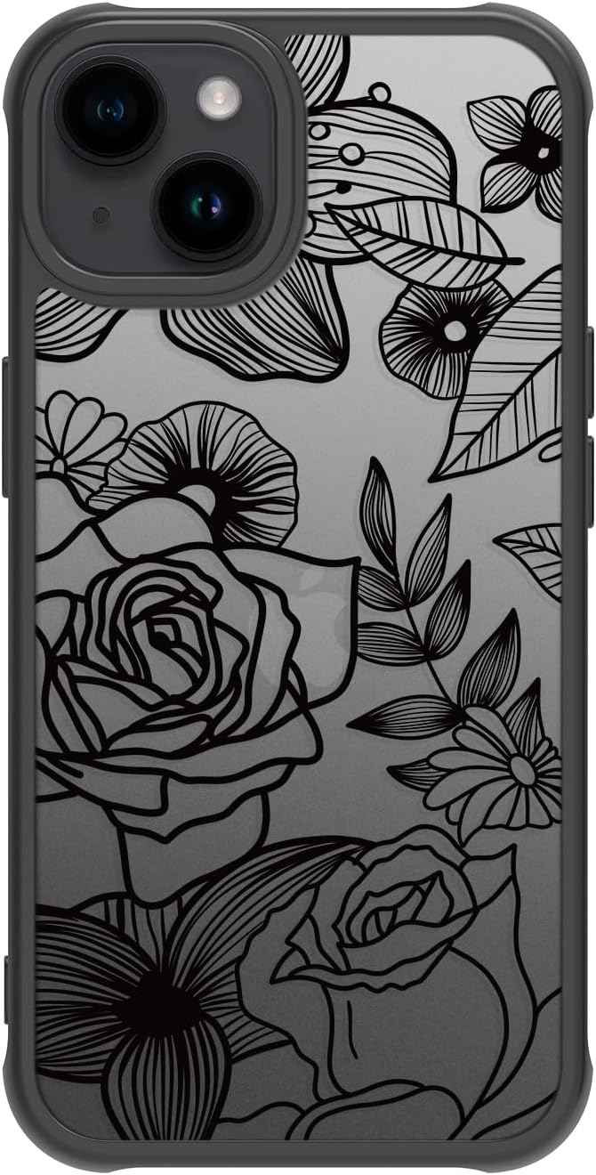 Girly Flower Case Compatible with iPhone 17 Pro Max, Cute Rose Aesthetic Black Line Art Floral Pattern Print, Anti Fingerprint PC Heavy Duty Protection Cases Cover for Girls Women