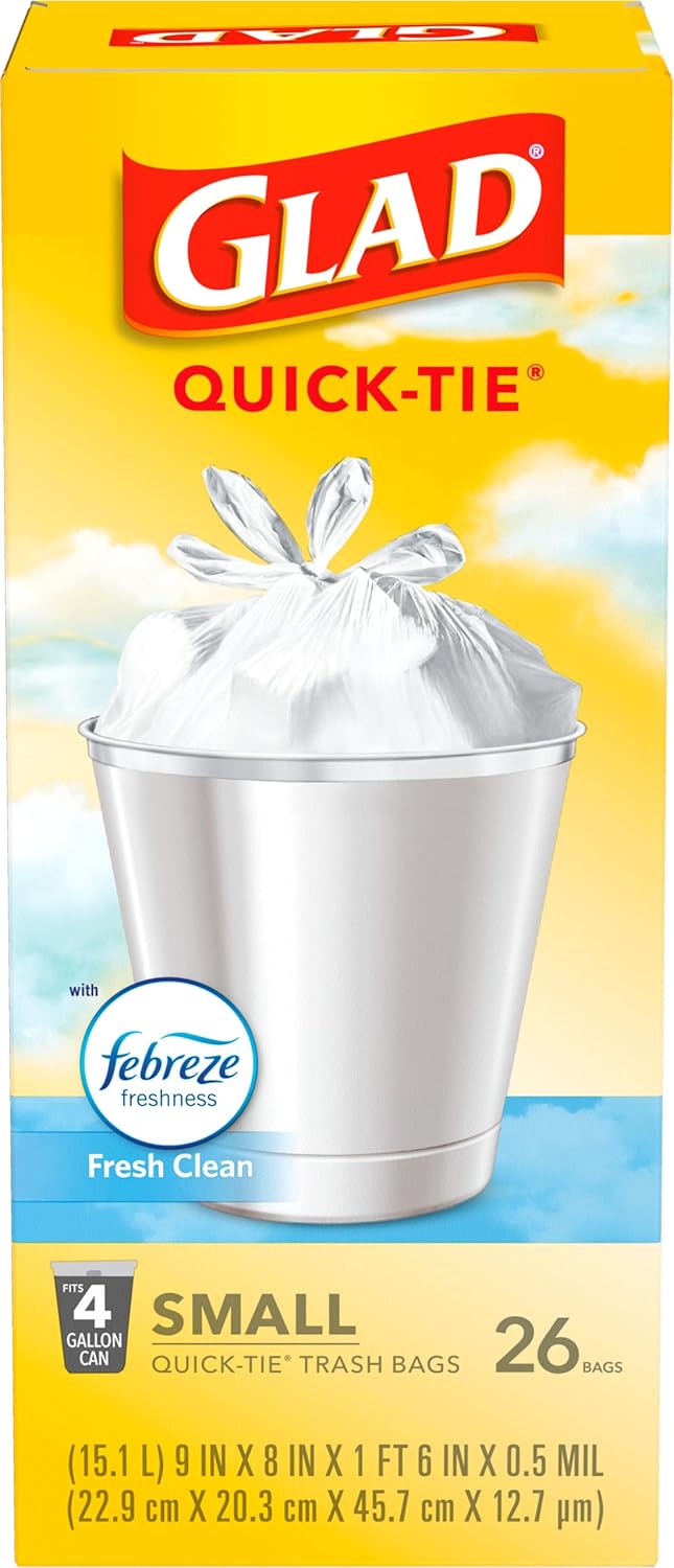 Glad Small Trash Bags 4 Gallon, Febreze Fresh Clean Garbage Bags, Odor Resistant with Quick Tie, 26 Count