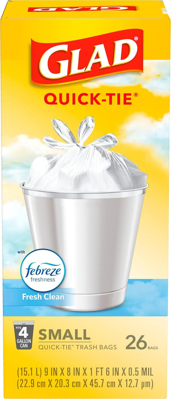 Glad 4 Gallon Small Trash Bags, Febreze Fresh Clean Scent and Quick-Tie Closures, 26 Count