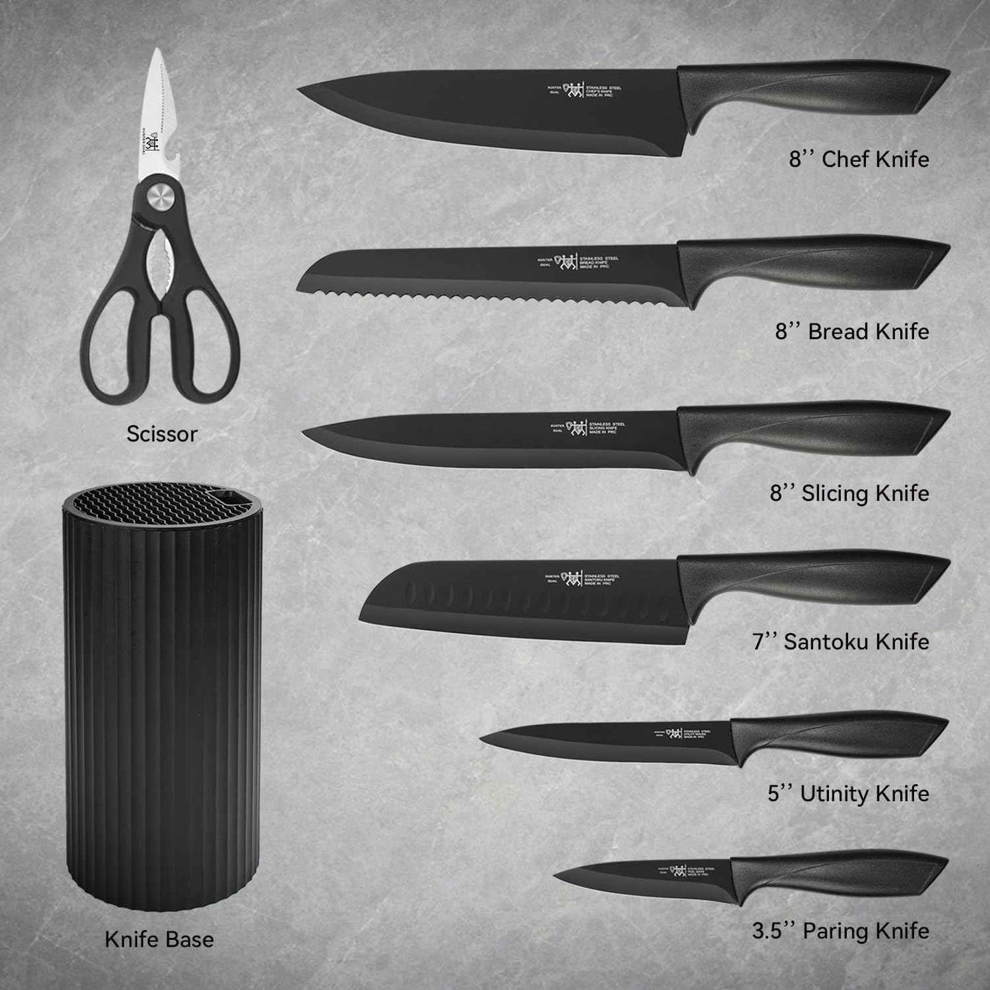 Knife Set, 8-Piece Kitchen Knife Set for Chef, Sharp Knife Set with Universal Knife Block, Anti-Rust Kitchen Knife Block Set, Ergonomical Design (Black)