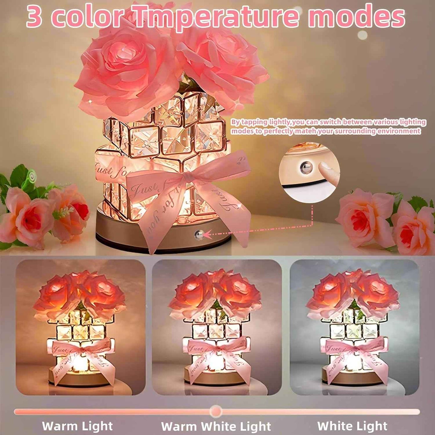 Rose Flower Lamp,Rechargeable Cordless Touch Table Lamp for Bedroom,3-Colour Dimming Small Night Light,Crystal Bedside Lamps with USB Charge,Birthday Valentine's Day Gifts for Women,Mom,Wife,Her