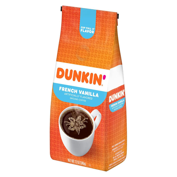 Dunkin' Donuts French Vanilla medium roast coffee, 12 Oz bag, ground, artificially flavored, versatile brewing, at home