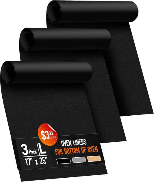 3 Pack Oven Liners for Bottom of Oven, 17x25" Large Heavy Duty Non-Stick Reusable Oven Mat for Electric, Gas, Toaster & Convection Ovens - BPA & PFOA Free, Dishwasher Safe, Kitchen Essentials, Black