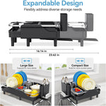 Expandable stainless steel dish rack for kitchen counter with adjustable water spout