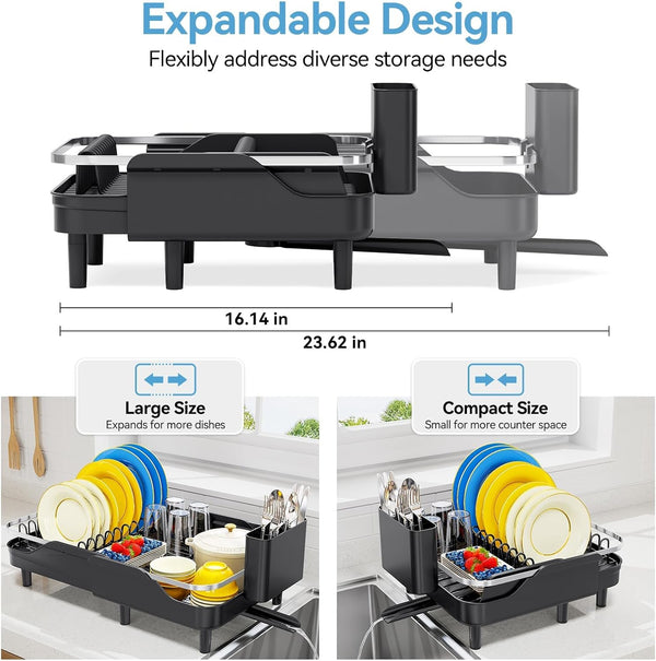Expandable stainless steel dish rack for kitchen counter with adjustable water spout