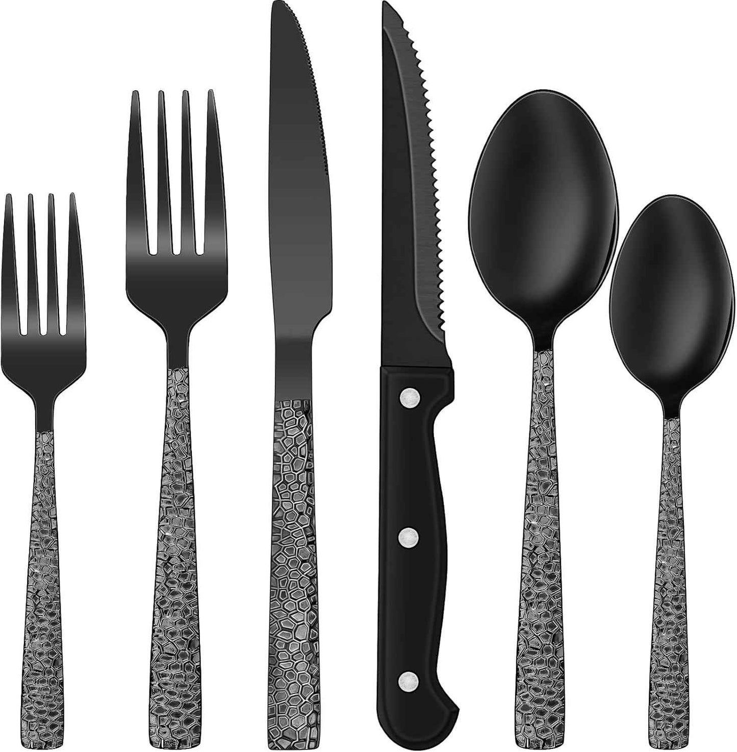 EWFEN 24-Piece Black Silverware Set with Steak Knives, Flatware for 4, Food-Grade Stainless Steel Tableware Cutlery Set, Mirror Finished Utensil Sets Home Restaurant
