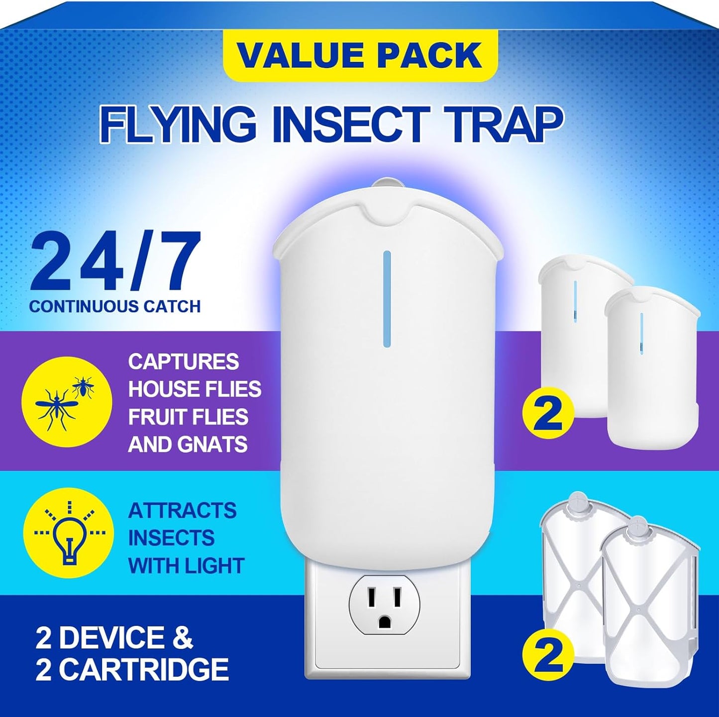 2 Flying Insect Traps & 2 Cartridges - Compatible with ZEVOM364A Refill - Plug in Fruit Fly Trap for Indoor - Bug Catcher for Gnats, House & Fruit Flies - Use in Any Room (2 Device & 2 Cartridges)