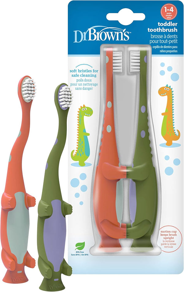 Dr Brown's Baby Toddler Toothbrush Green and Orange Dinosaur 2-Pack Ages 1-4 Years Soft Bristles Suction Cup Base