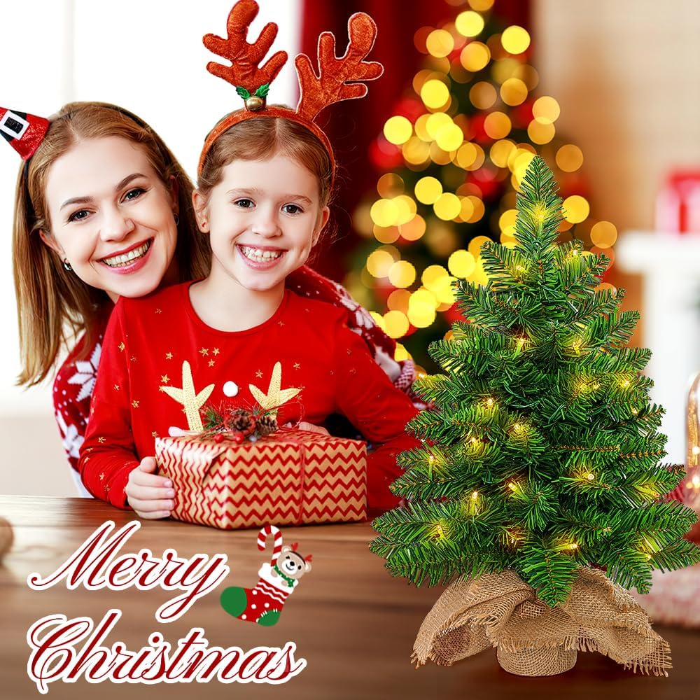 Pre-lit Mini Christmas Tree, 2ft Christmas Tree with 50 Led Warm Lights, Artificial Christmas Tree with 72 Branch Tips, Battery Operated Small Xmas Tree for Table Desk Best Holiday Home Decorations