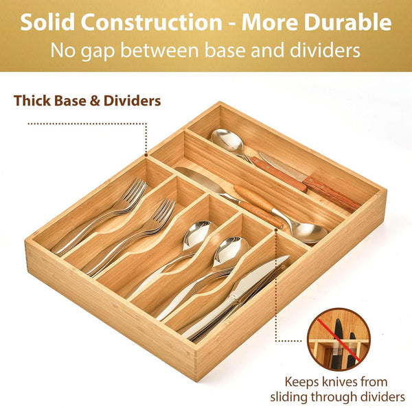 Bamboo kitchen drawer organizer with 7 slots and 6 silicone feet