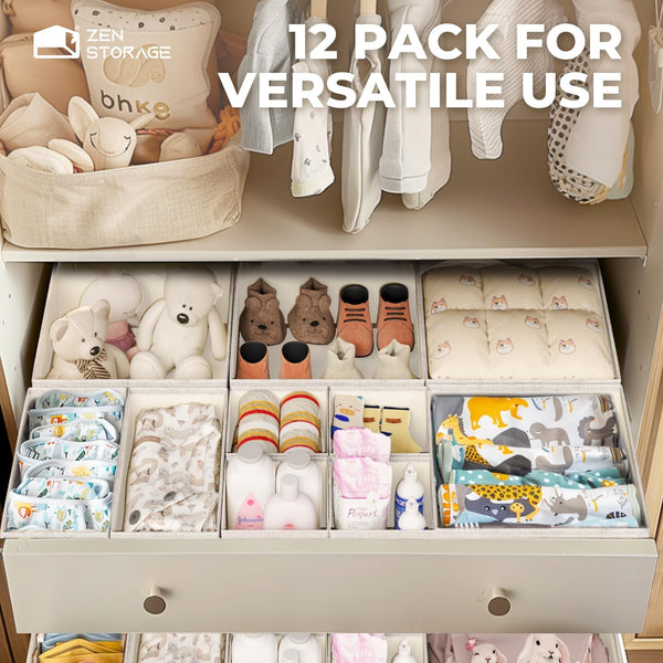 Cotton Linen Drawer Organizer for Baby Clothes, 12-Pack Multi-Size Nursery Dresser Dividers