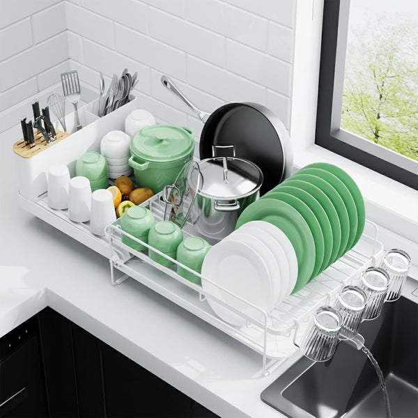 Adjustable kitchen dish drying rack with drainage and cutlery holders