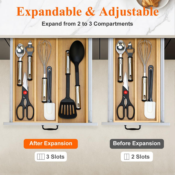 Bamboo Silverware Drawer Organizer Tray for Kitchen Utensils and Tools
