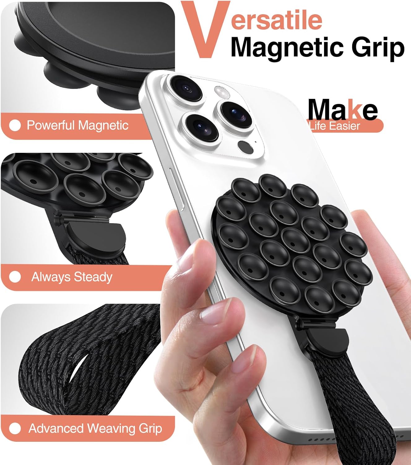 MagSuction Grip Magnetic Phone Grip Holder for MagSafe, Silicone Suction Phone Mount, Adjustable Kickstand with Finger Loop, Compatible with iPhone 16/15/14/13/12 Series (Black)