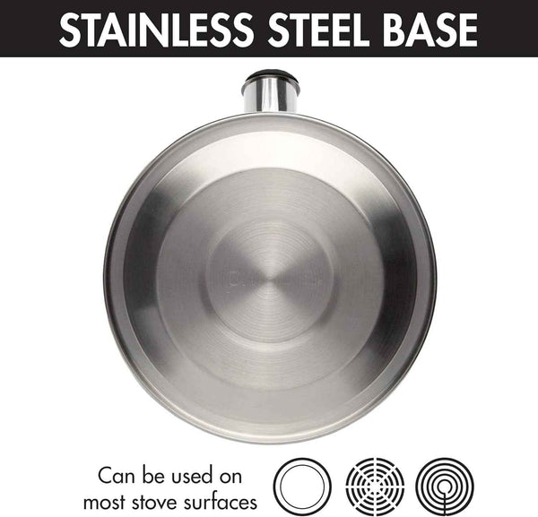 Primula Stewart Whistling Stovetop Tea Kettle Food Grade Stainless Steel, Hot Water Fast to Boil, Cool Touch Folding, 1.5-Quart, Brushed with Black Handle