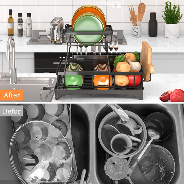 2-Tier Dish Rack with Auto-Drain and Mat for Kitchen Counter