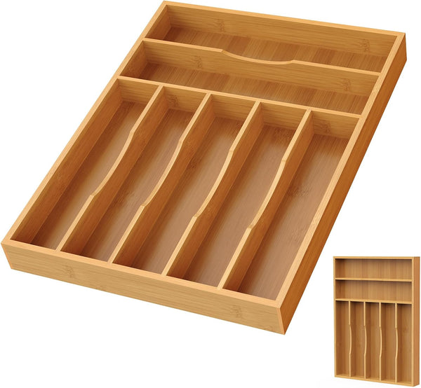 Bamboo Silverware Organizer for Kitchen and Office Use