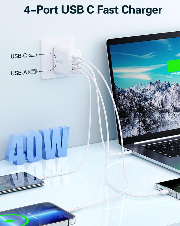 2-Pack 40W Fast Charging USB C Wall Charger Block with 4-Port Dual Port PD Power Adapter