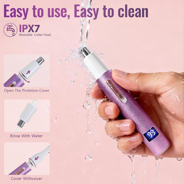 Purple Women's and Men's 2-in-1 Nose and Ear Hair Trimmer with LED Display and USB Rechargeable Dual-Edge Blades