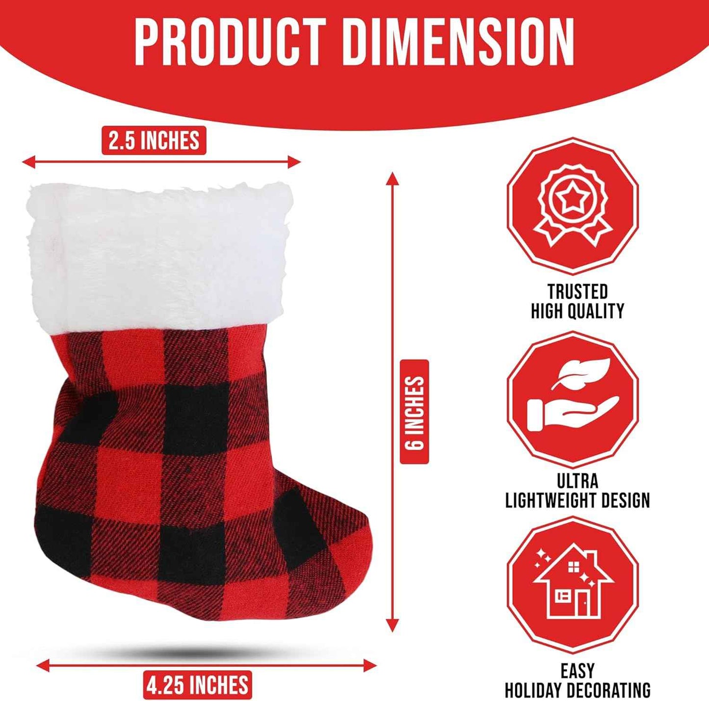 Iconikal 24-Pack Mini Christmas Stockings, 6-Inch, Red Buffalo Plaid Decoration Ornament
