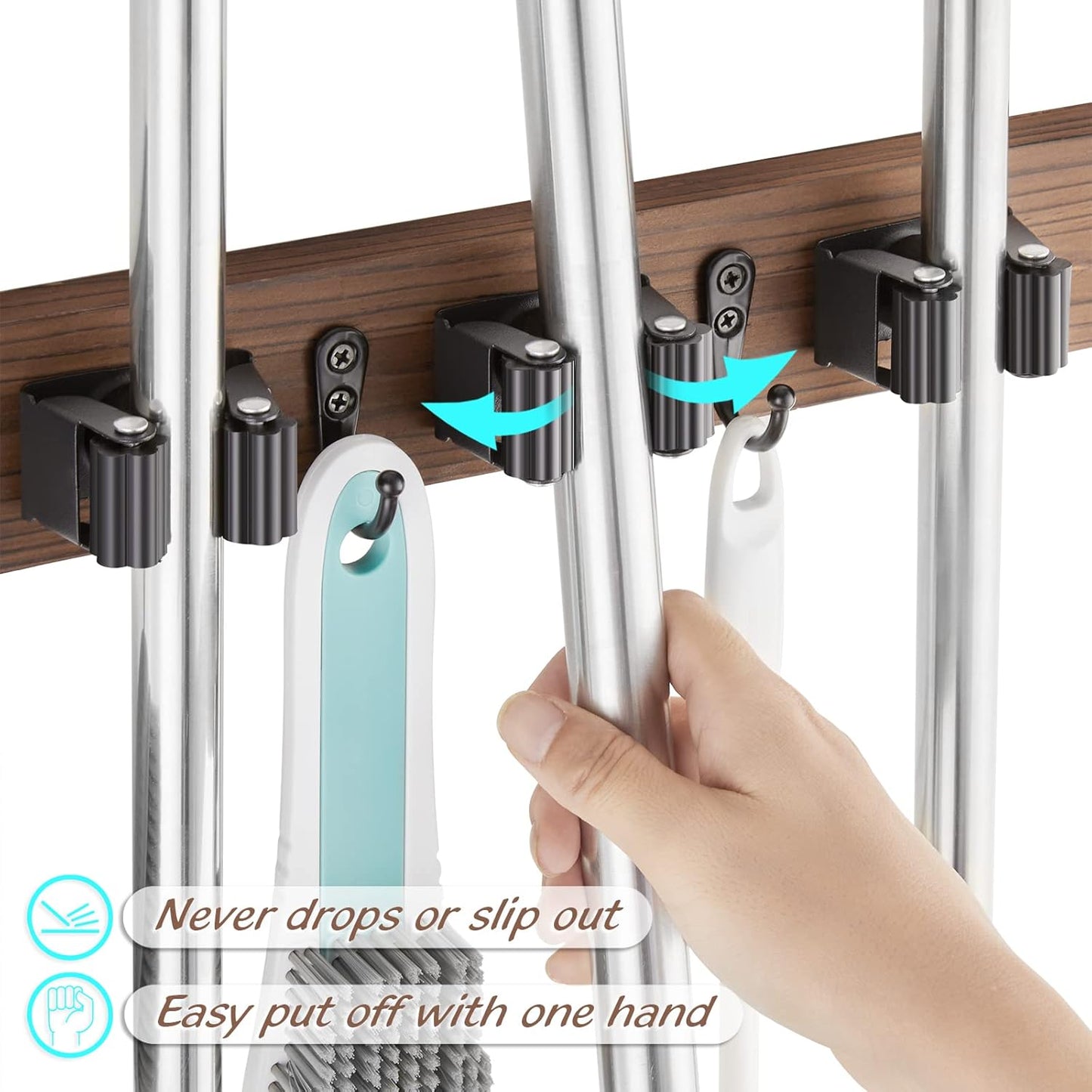 Mop and Broom Holder Wall Mount - Rustic Wood Broom Mop Hanger - Wall Mounted Garden Tool Rack Organizer for Closet Garage Laundry Room Kitchen Decor With 4 Slots & 4 Hooks - Rayz Mart