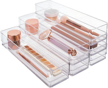 6-piece clear plastic drawer organizer set for makeup vanity and office desk