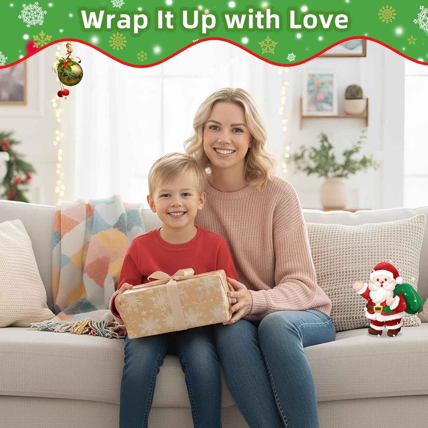 Christmas Kraft Wrapping Paper (4 Rolls, 93 sq. ft. ttl) Santa Claus, Snowflakes, Merry Christmas Script, Pinecones and Foliage Patterns for Holiday Gift Wrap - 17 Inches x 16.5 Feet Per Roll