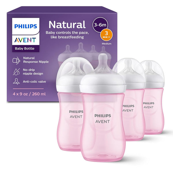 Philips Avent Natural Baby Bottles 4-Pack, Medium Flow, 9oz, SCY903/04, BPA-Free