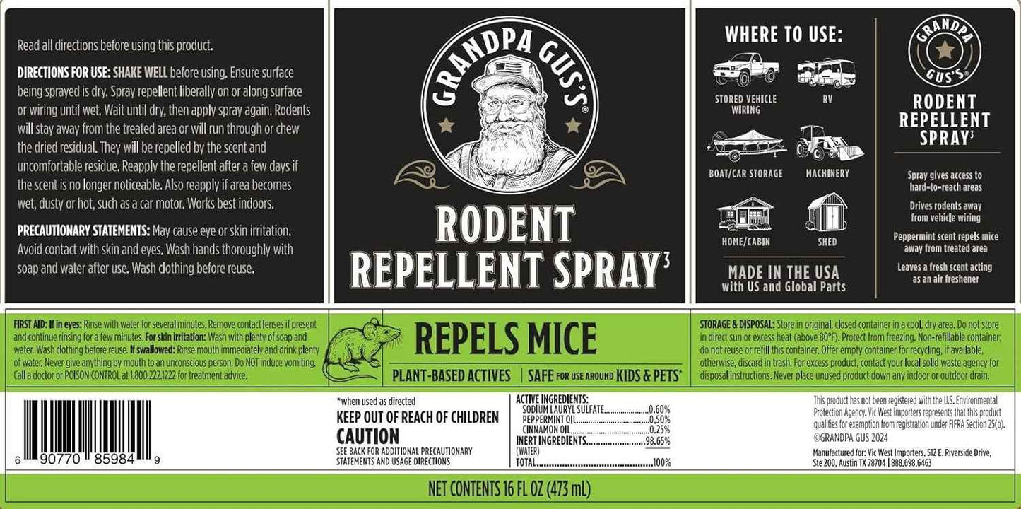 Grandpa Gus's Rodent Repellent Spray, Peppermint & Cinnamon Oil, Prevents Mouse/Rats from Nesting & Chewing on Wires, 16 fl oz (Pack of 1)