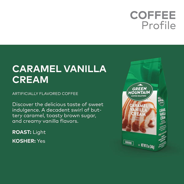 Green Mountain Coffee Roasters Caramel Vanilla Cream Ground Flavored Light Roast Coffee, 12oz Bag