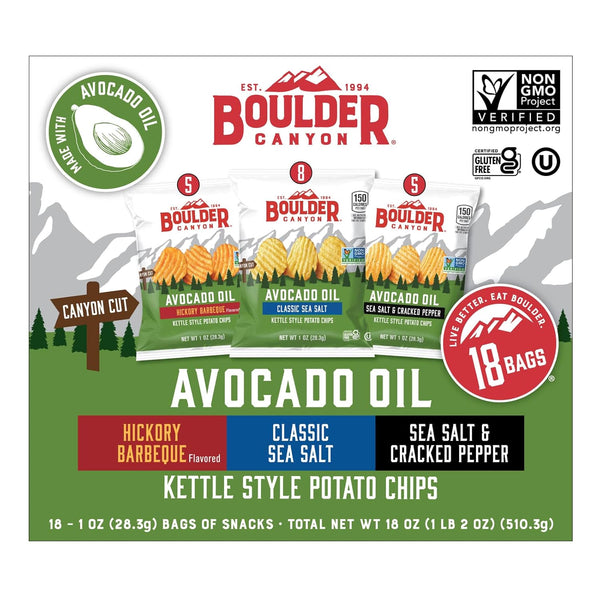 Boulder Canyon Avocado Oil Kettle Style Potato Chips Variety Pack, 18 Count, Gluten-Free, Non-GMO