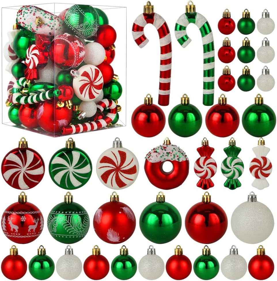 Christmas Tree Ornaments, Green Red White Christmas Ball Ornaments Set of 60 Pack Shatterproof Plastic Xmas Decorations for Home Party Tree