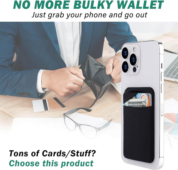 Cell phone card holder with stretchy fabric and self-adhesive sticker for back of phone