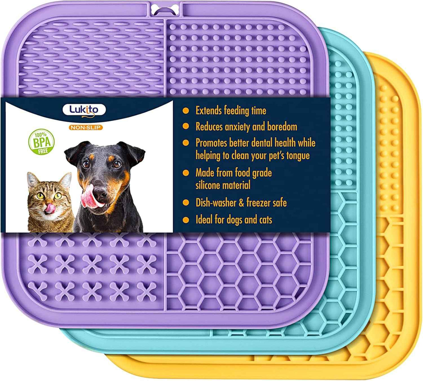 LUKITO Lick Mat for Dogs & Cats 2 Pack with Suction Cups, Dog Lick Mat for Anxiety Relief, Dog Toys to Keep Them Busy, Peanut Butter Licking Pad for Boredom Reducer, Perfect for Bathing Grooming