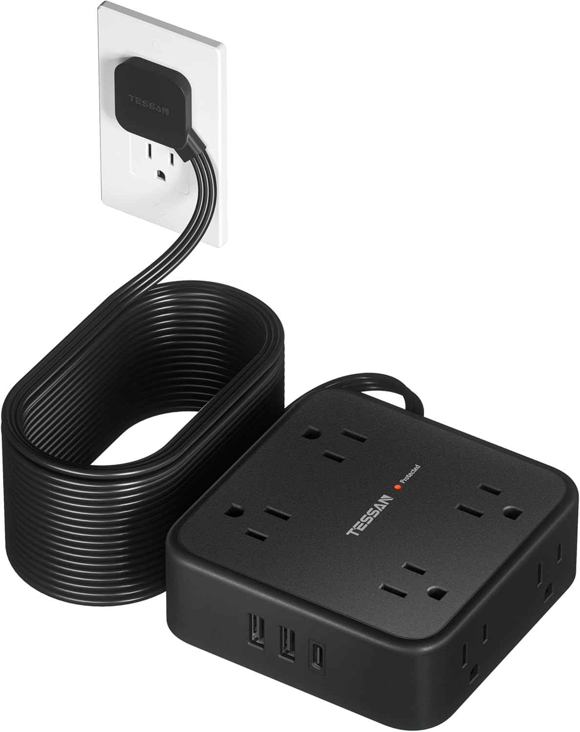 TESSAN Surge Protector Power Strip, 5 Ft Flat Plug Extension Cord with 3 USB (1 USB C) 8 Outlets, 900J Surge Protection, 3 Sided Outlet Extender with Power Switch for Office, Dorm Room Essentials