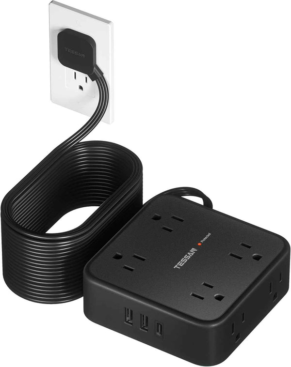 TESSAN Surge Protector Power Strip, 5 Ft Flat Plug Extension Cord with 3 USB (1 USB C) 8 Outlets, 900J Surge Protection, 3 Sided Outlet Extender with Power Switch for Office, Dorm Room Essentials