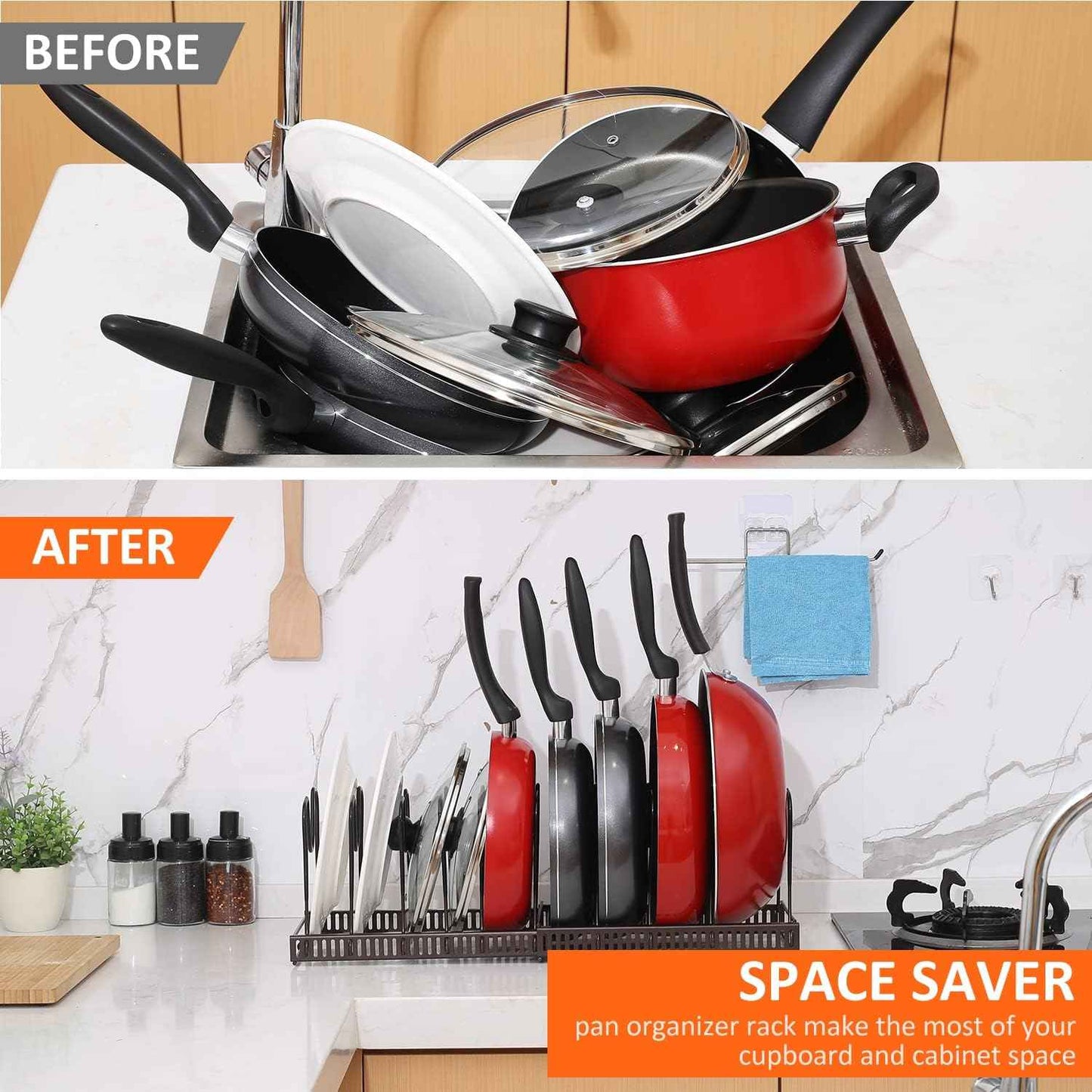 Pot Rack Organizer -Expandable Pot and Pan Organizer for Cabinet,Pot Lid Organizer Holder with 10 Adjustable Compartment for Kitchen Cabinet Cookware Baking Frying Rack,Bronze