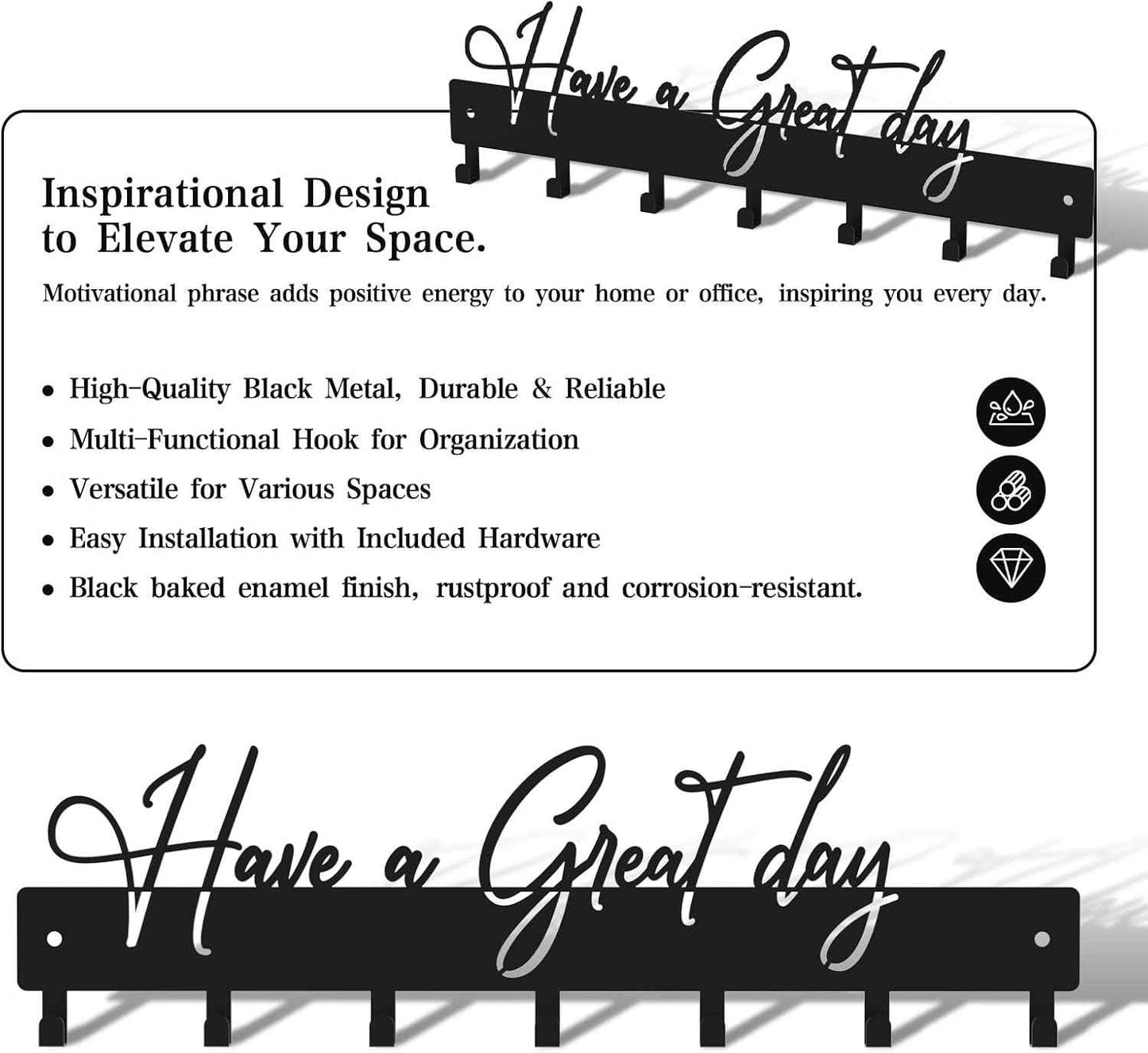 Have a Great Day Key Hooks for Wall Decoration,Delicate Fashion Black Metal Key Holder Wall Mount,Have a Great Day Key Hanger with 7 Kooks for Hallway,Office