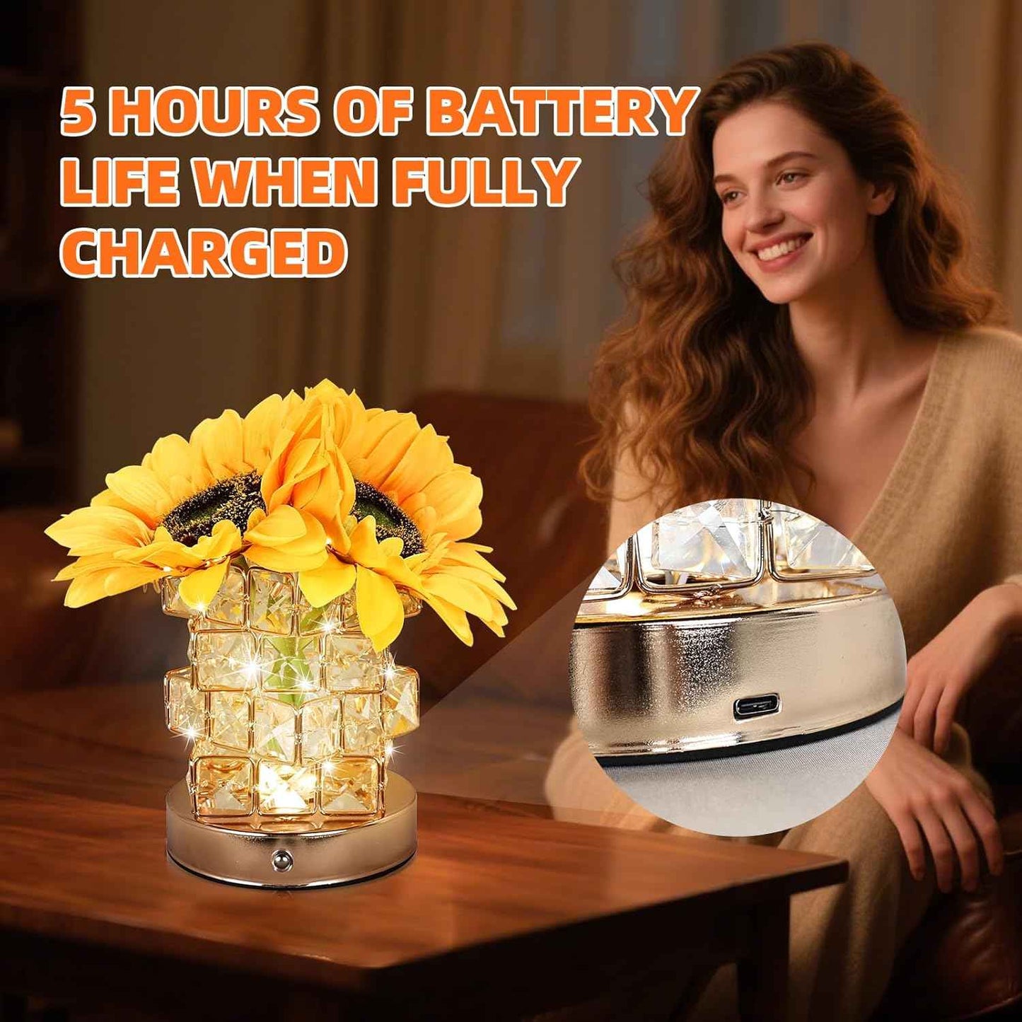 LED Rose Light with Crystal Base, USB Rechargeable, 800mAh Battery, 5V (Rose Light)