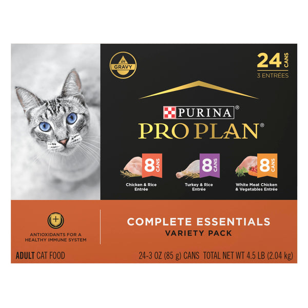 Purina Pro Plan Gravy High Protein Wet Cat Food Variety Pack Complete Essentials Chicken and Turkey Favorites 24 Cans 3 oz
